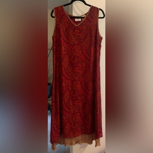Vintage Studio Ease Paisley Print V Sleeveless Maxi Dress Large Red Leopard Trim